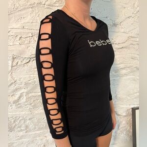 Bebe Black 1/2 Sleeve Top with Embellished Logo size medium
